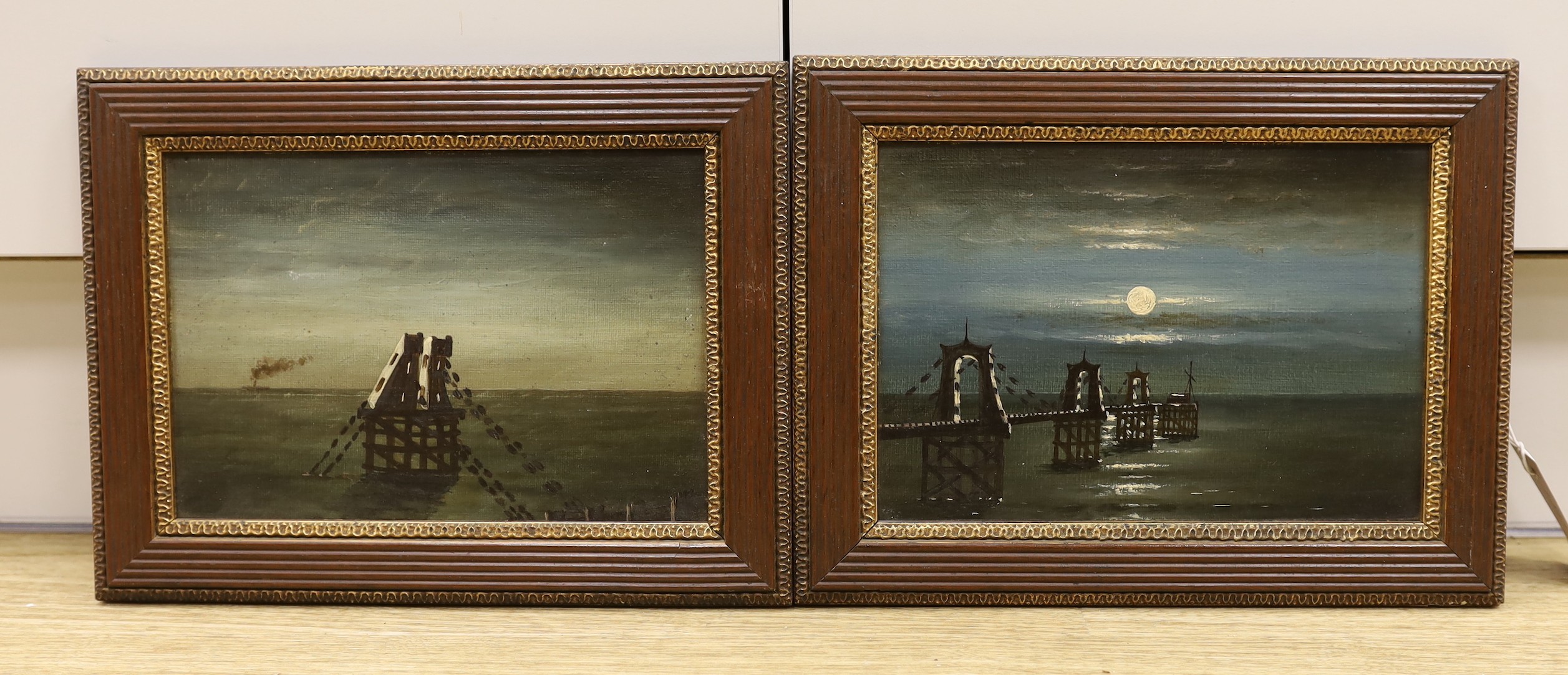 English School c.1800, pair of oils on canvas board, Primitive studies of the Brighton chain pier, 17 x 24cm